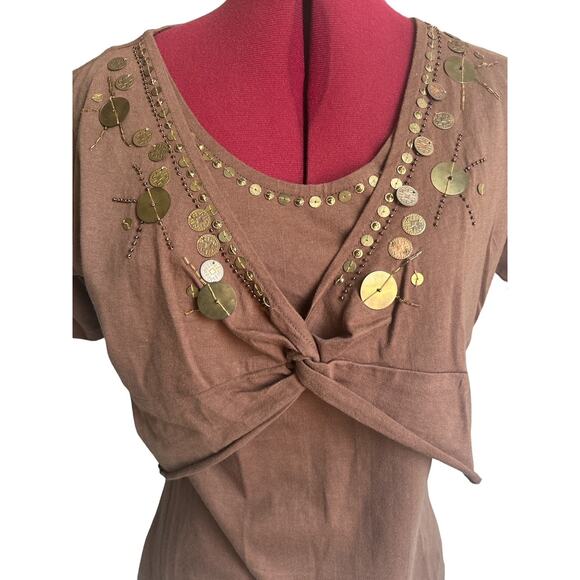 Mirror Image Women’s Size Small 100% Cotton Coined Beaded Twist Front Top Brown‎ - Picture 3 of 4